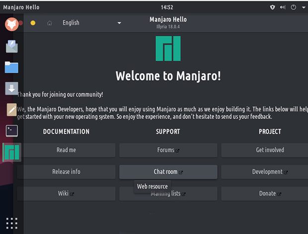 TROM-Jaro Linux, Manjaro Welcome screen