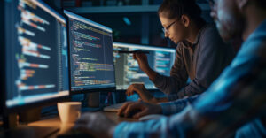 Security researchers analyzing command-and-control code behavior on multiple monitors during a threat investigation.