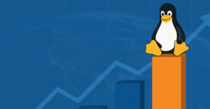 Tux the Linux penguin on a rising bar chart, representing Linux desktop market share growth in the U.S. and worldwide.