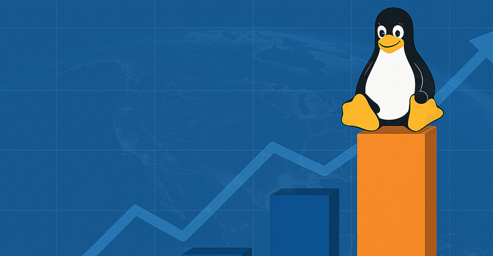 Tux the Linux penguin on a rising bar chart, representing Linux desktop market share growth in the U.S. and worldwide.