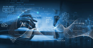 Digital network with flowing data streams, visualizing secure AI agent communication and interoperability