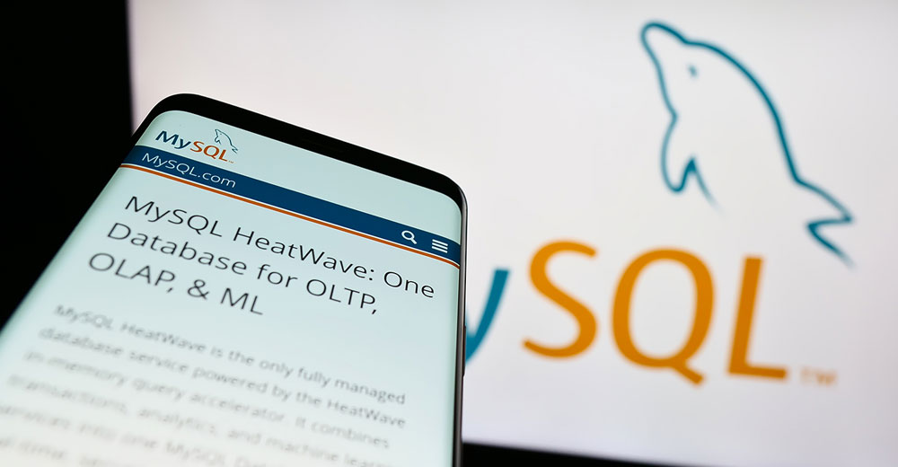 MySQL HeatWave database page displayed on a smartphone with the MySQL dolphin logo in the background