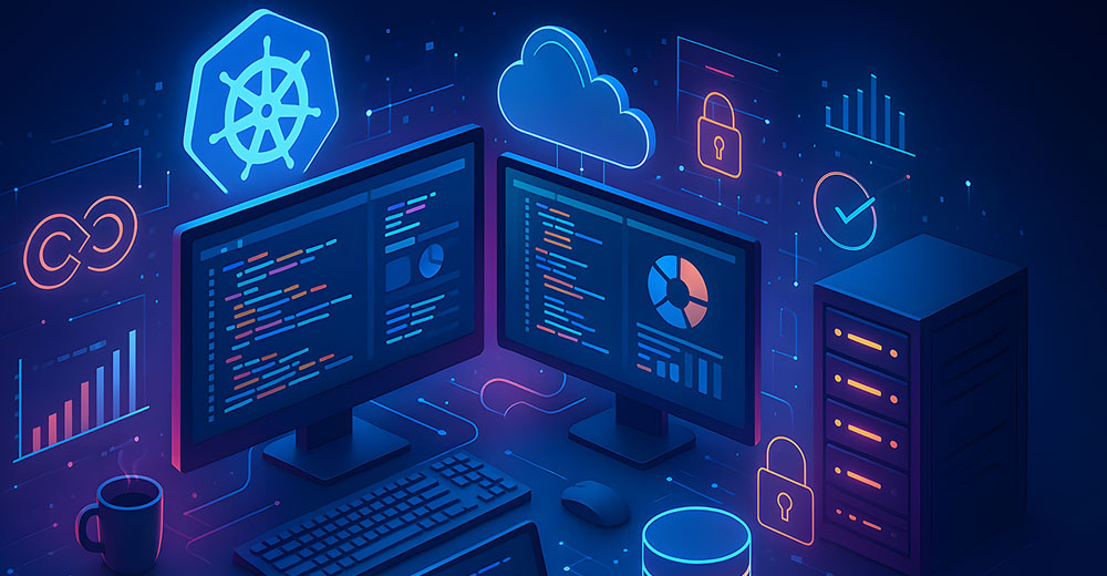 Kubernetes infrastructure dashboard showing code, metrics, and distributed system components across cloud and servers