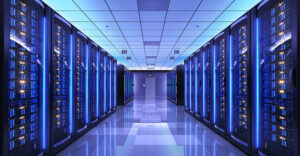 Enterprise data center aisle with server racks supporting AI and high-performance computing workloads.