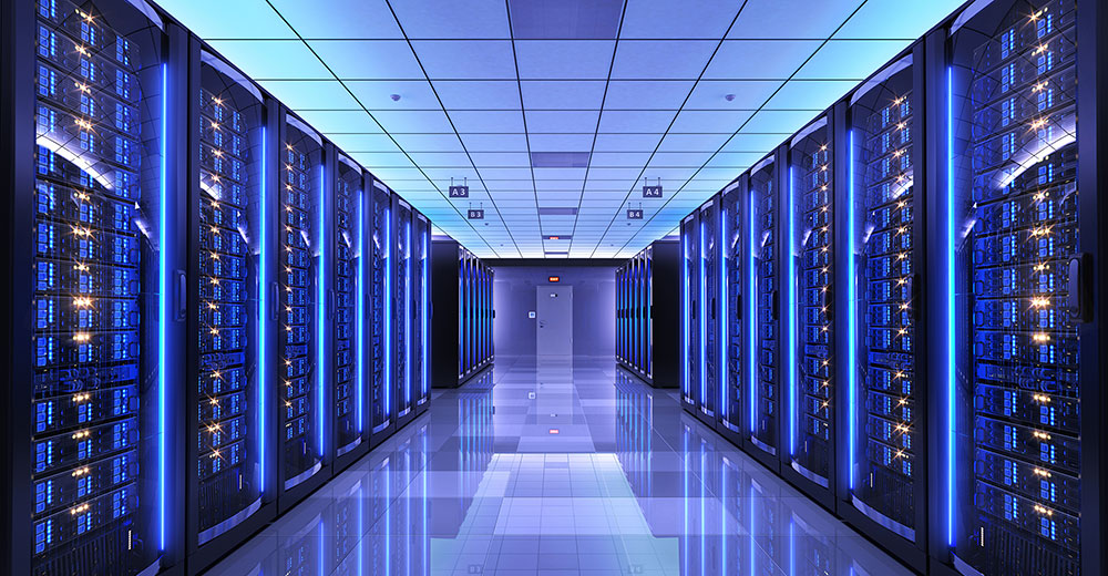 Enterprise data center aisle with server racks supporting AI and high-performance computing workloads.